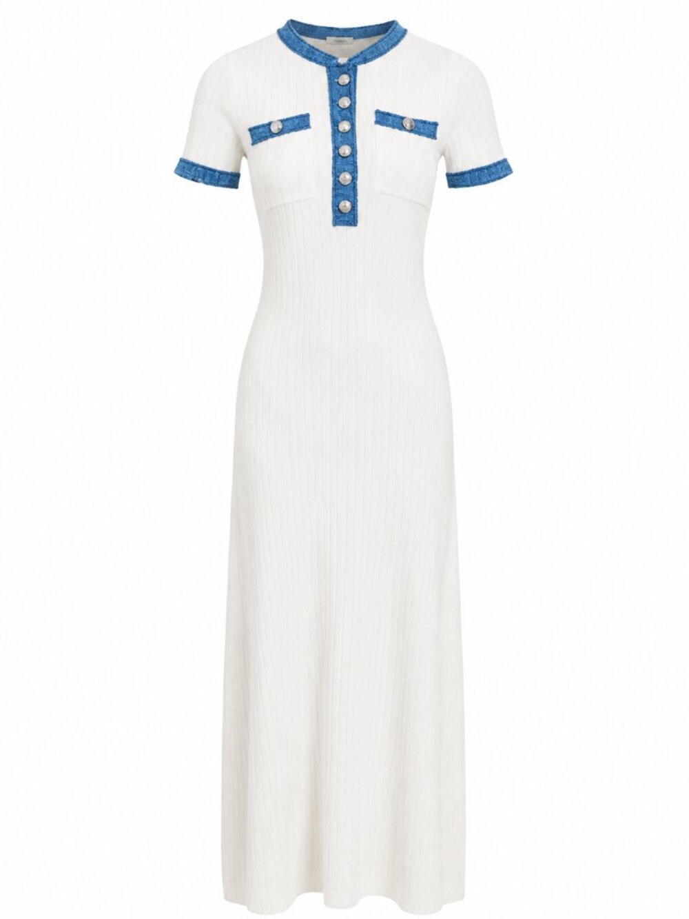 Elie Tahari White Knit Midi Dress Denim Blue Trim Silver Buttons Short Sleeve L - Picture 12 of 12
